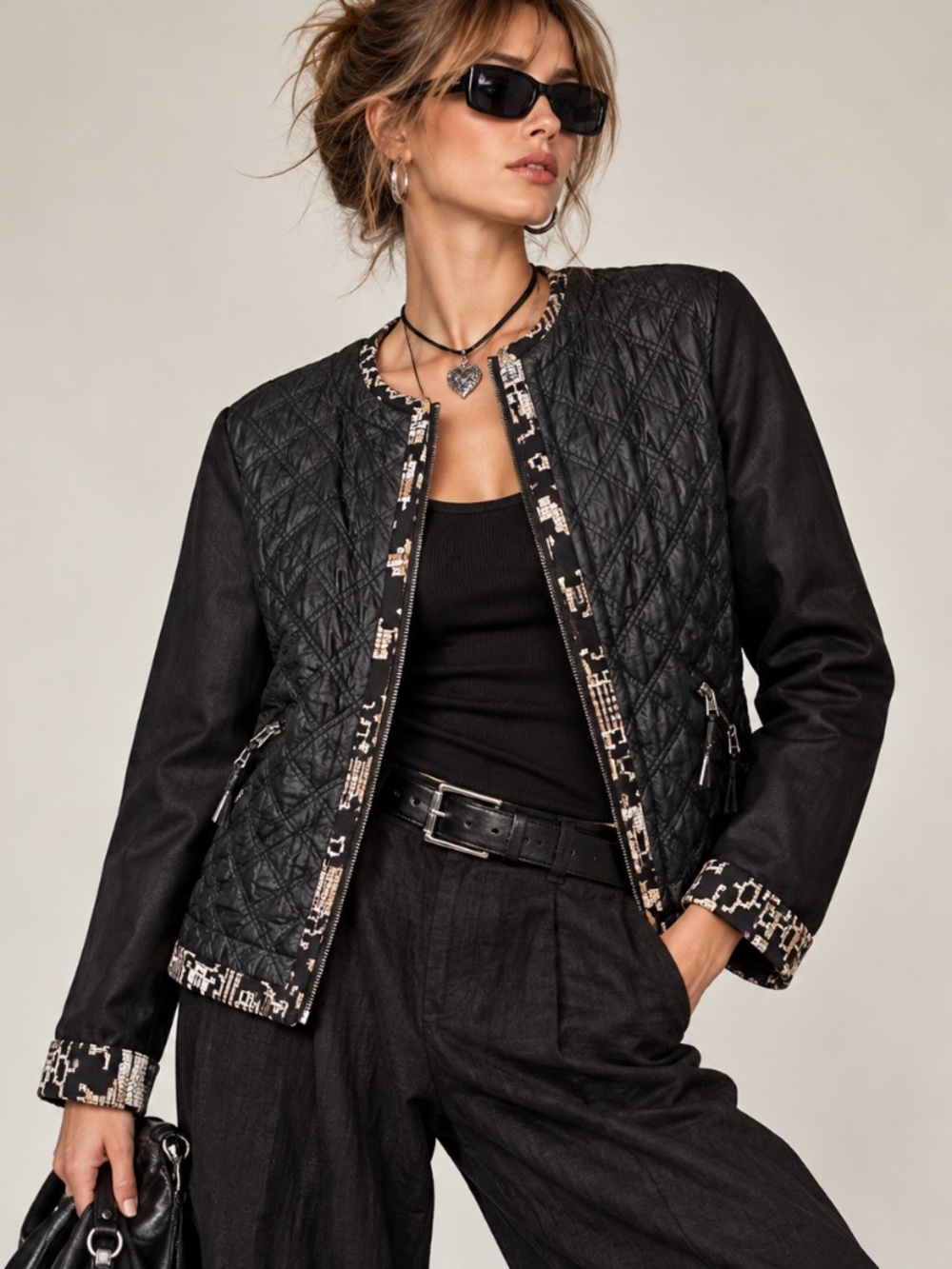 Desigual "Lisboa" Black Quilted Faux Leather Moto Jacket Sz S/4 Arty Chic Edgy